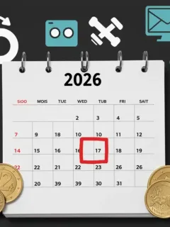 Calendario 2026 con iconos de suscripciones y monedas, simbolizando descuentos anuales en España.