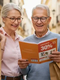 Pareja de la tercera edad sonriendo, disfrutando de descuentos en España y maximizando sus ahorros diarios.
