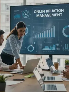 Profesionales españoles analizando plataformas de gestión de reputación online en una reunión estratégica de 2026. Plataformas de Reputación Online para Marcas.