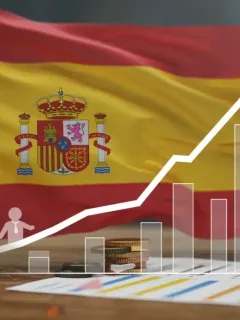 Gráfico de crecimiento financiero con logo de marca y mapa de España, simbolizando el éxito de la construcción de marca en el mercado español.