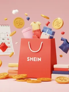 Bolsa de compras SHEIN con monedas y descuentos, simbolizando el ahorro inteligente en 2026.