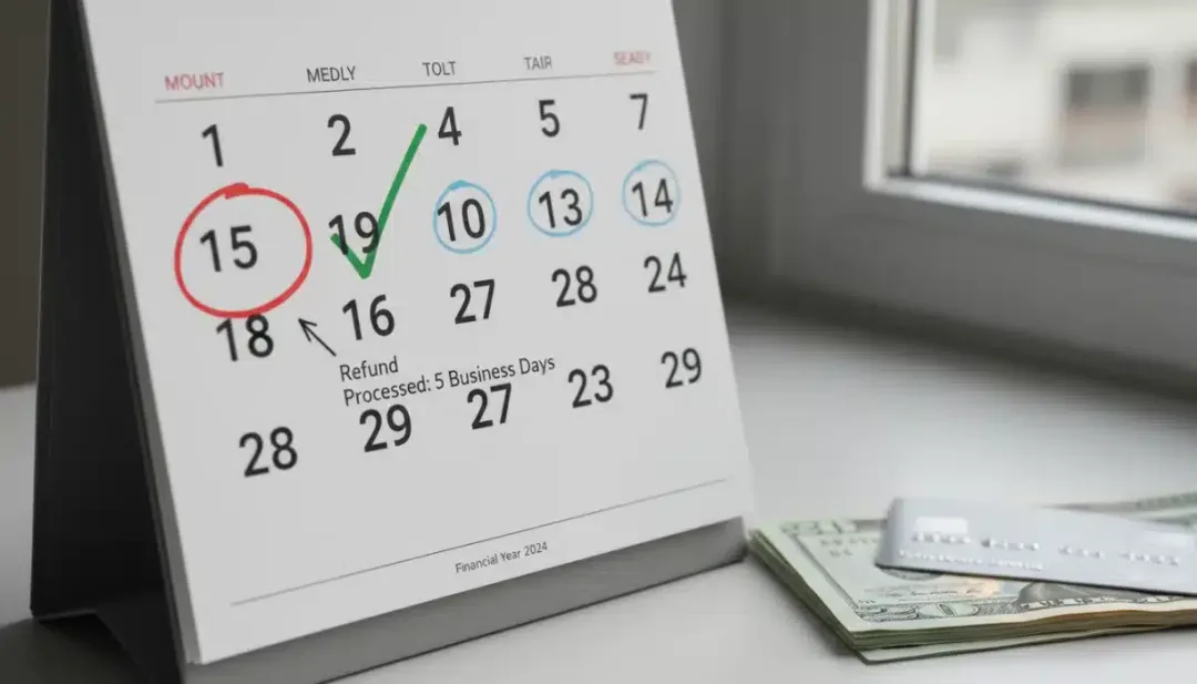 Calendario resaltando un reembolso exitoso en 5 días hábiles de SHEIN.