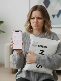 Mujer frustrada con paquete de SHEIN, revisando el proceso de devolución en su móvil.