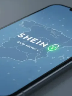 Mujer joven navegando por la política de privacidad de SHEIN en un smartphone, con un candado digital superpuesto, simbolizando la protección de datos en España.