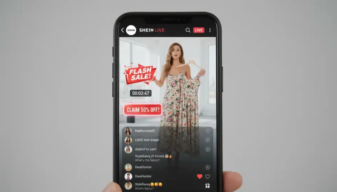 Pantalla de móvil mostrando una retransmisión de SHEIN Live con una oferta flash activa.