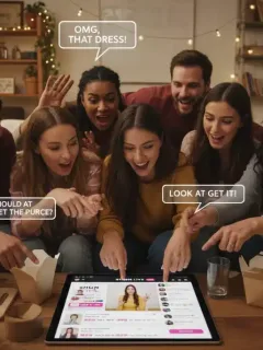 Grupo de amigos disfrutando y comprando en una sesión de SHEIN Live con descuentos.