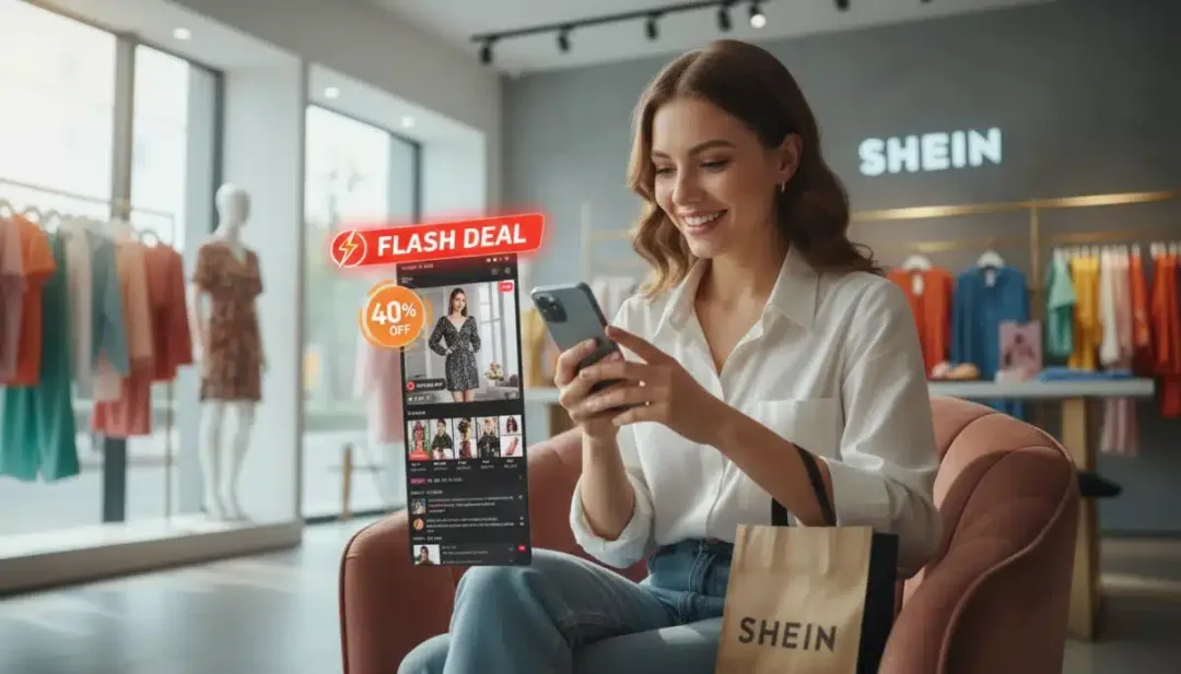 Mujer joven aprovechando ofertas flash de SHEIN Live en su smartphone en 2026.