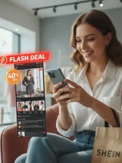 Mujer joven aprovechando ofertas flash de SHEIN Live en su smartphone en 2026.