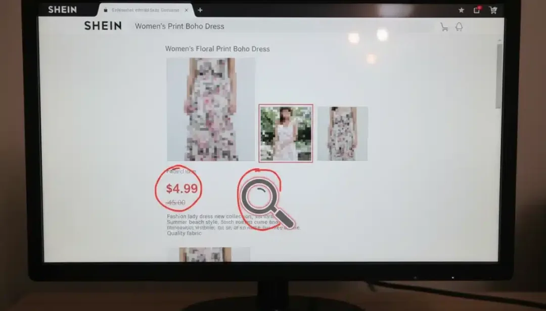 Pantalla de ordenador mostrando detalles sospechosos en una página de producto de SHEIN, como precios irreales o descripciones vagas, para evitar estafas.