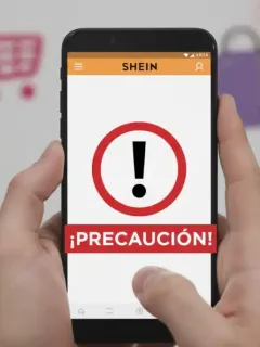 Mujer revisando su smartphone con la aplicación de SHEIN y una alerta de seguridad, simbolizando la prevención de estafas en compras online.