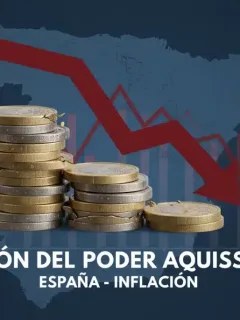 Gráfico que representa la erosión del poder adquisitivo en España debido a la inflación, con monedas de euro y flechas descendentes.