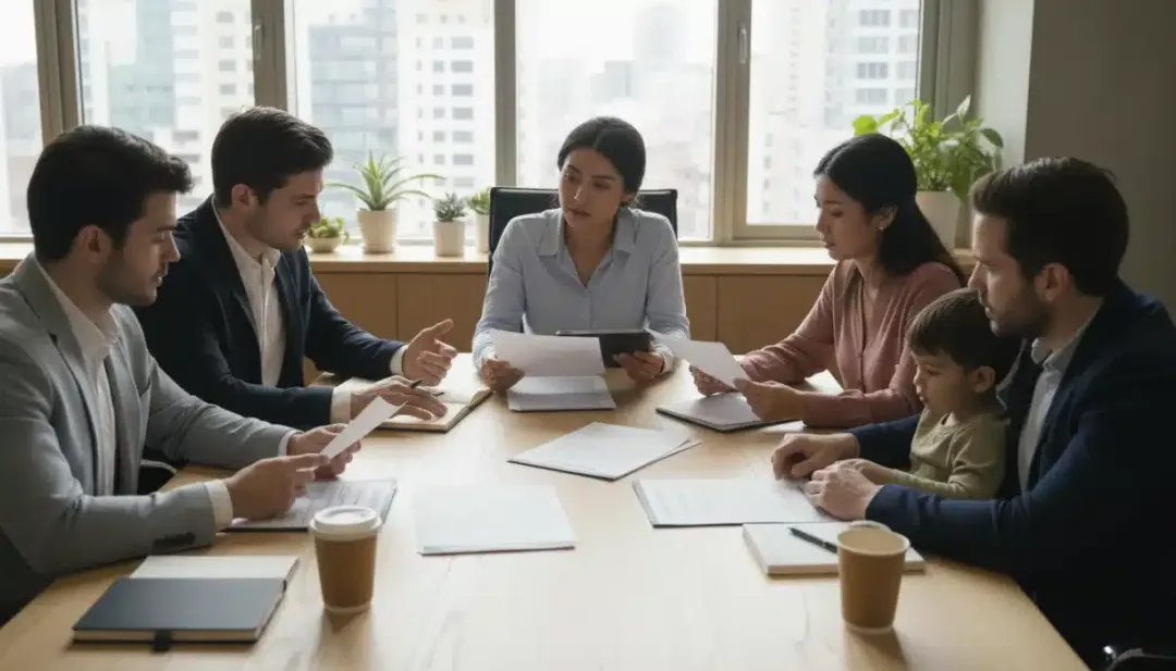 Grupo de personas dialogando sobre documentos de alquiler en una oficina, reflejando el impacto de la nueva legislación.