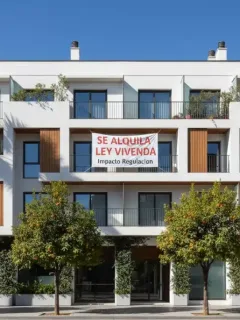 Edificio de apartamentos moderno con cartel de 'Se Alquila' en una ciudad española, simbolizando los cambios en la ley de vivienda.