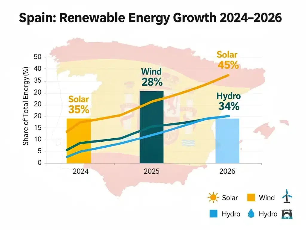 Gráfico de crecimiento proyectado de energías renovables en España hasta 2026, destacando solar, eólica e hidráulica.