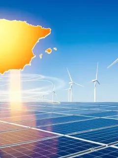 Panel solar y turbinas eólicas en un paisaje español, simbolizando el progreso hacia las energías renovables en España.