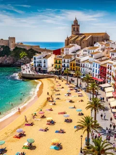 Vista panorámica de una playa española con turistas y arquitectura histórica, reflejando el dinamismo del turismo en España.