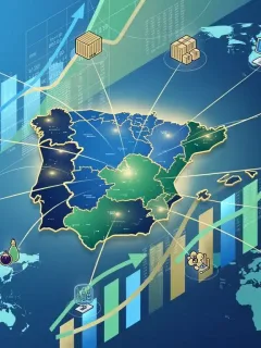 Mapa global con España destacada, líneas de conexión comercial y gráficos ascendentes que simbolizan el crecimiento de la exportación española en 2026.