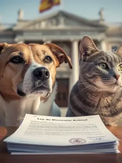 Animales domésticos con el Parlamento español de fondo, representando la Nueva Ley de Bienestar Animal.