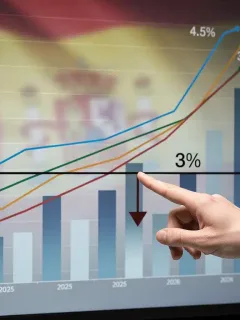 Gráfico financiero mostrando la reducción del déficit público español hacia el 3% en 2026, con la bandera de España de fondo.