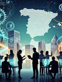 Digitalización de PYMES en España: Gears, datos y profesionales colaborando en un entorno innovador.