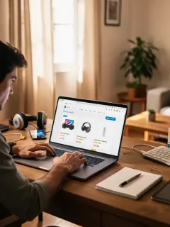 Persona comparando precios de tecnología en línea para encontrar descuentos.