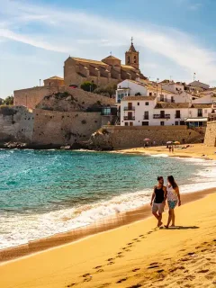 Pareja disfrutando de descuentos ocultos en un viaje a una playa española soleada en 2026, con hoteles y vuelos asequibles.