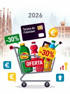 Tarjeta de fidelidad y productos con descuentos en un entorno español, simbolizando ahorro en 2026.