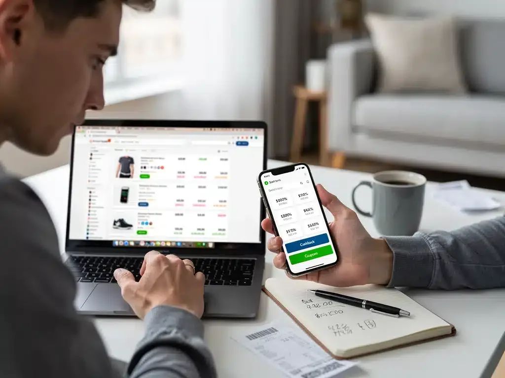 Persona comparando precios en línea y usando una aplicación de cashback para maximizar descuentos y puntos.