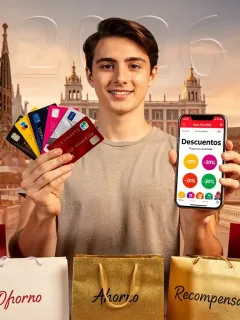 Persona mostrando tarjetas de fidelización y una aplicación de descuentos, con símbolos de ahorro en el fondo, representando programas de puntos y descuentos combinados en España.