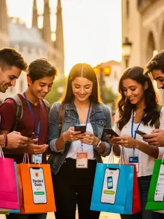 Estudiantes felices aprovechando descuentos en España con sus carnés universitarios.