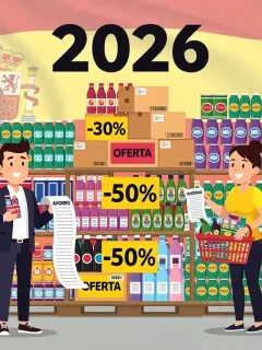 Persona sonriendo junto a productos con grandes descuentos y la bandera de España, simbolizando el ahorro en 2026.