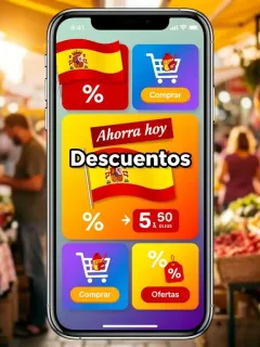 Pantalla de smartphone mostrando nuevas apps de descuentos en España para 2026, con gráficos de ahorro y promociones.