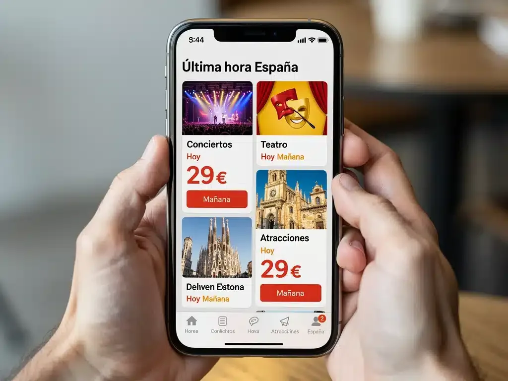 Aplicación móvil mostrando ofertas de última hora para ocio en España.