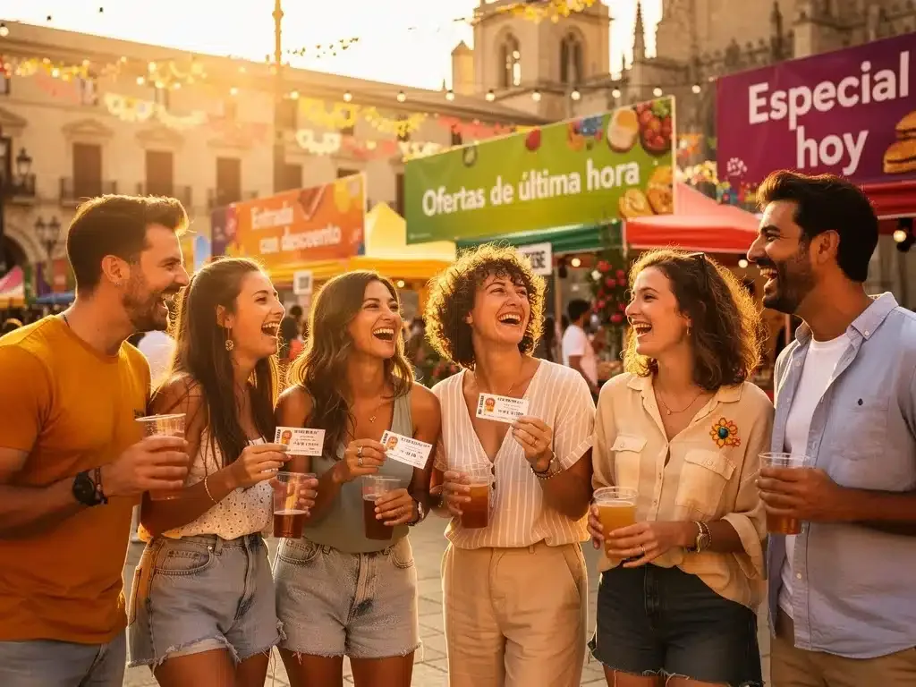Amigos disfrutando de un evento cultural con descuentos de última hora en España.