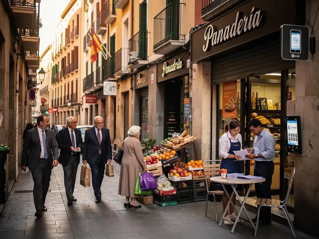 Escena urbana en España con personas y comercios, reflejando el impacto cotidiano de las nuevas medidas económicas de la UE en la sociedad española.