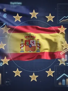 Banderas de la UE y España fusionadas con gráficos económicos, simbolizando el impacto del nuevo paquete de medidas económicas de la UE en España para 2026. Impacto Económico de la UE en España.