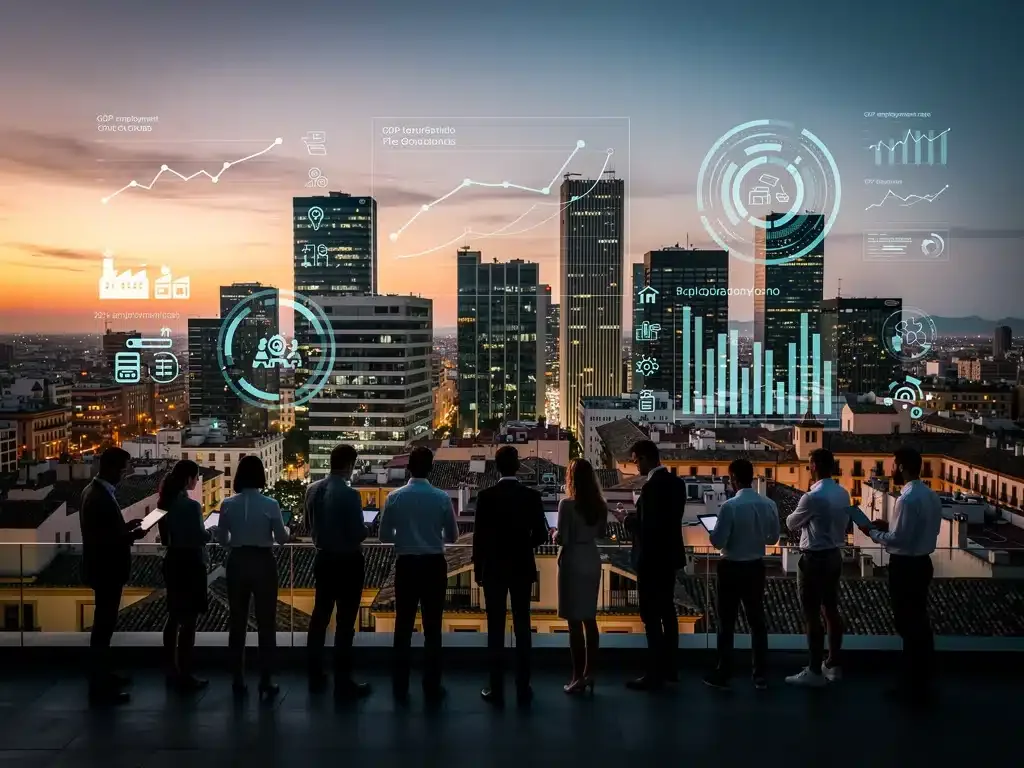 Panorama urbano de una ciudad española al anochecer, con gráficos digitales y siluetas de profesionales, simbolizando los desafíos del mercado laboral.