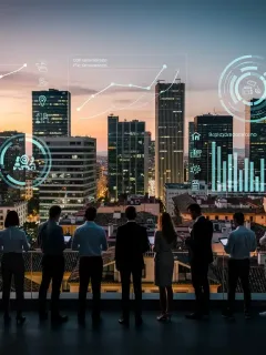 Panorama urbano de una ciudad española al anochecer, con gráficos digitales y siluetas de profesionales, simbolizando los desafíos del mercado laboral.
