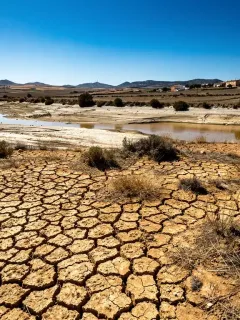 Paisaje árido y suelo agrietado por la sequía en España, reflejando la grave escasez hídrica.
