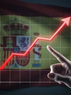 Gráfico de la evolución de la deuda pública española con proyecciones a futuro y la bandera de España.