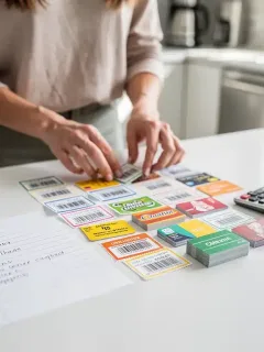 Mujer organizando cupones y tarjetas de fidelización para maximizar el ahorro en supermercados