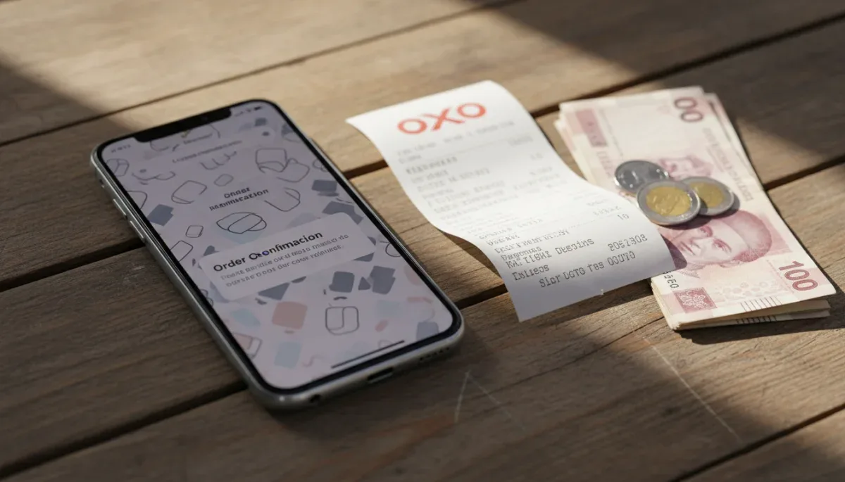 Comprobante de pago OXXO junto a un teléfono mostrando la aplicación de compras.