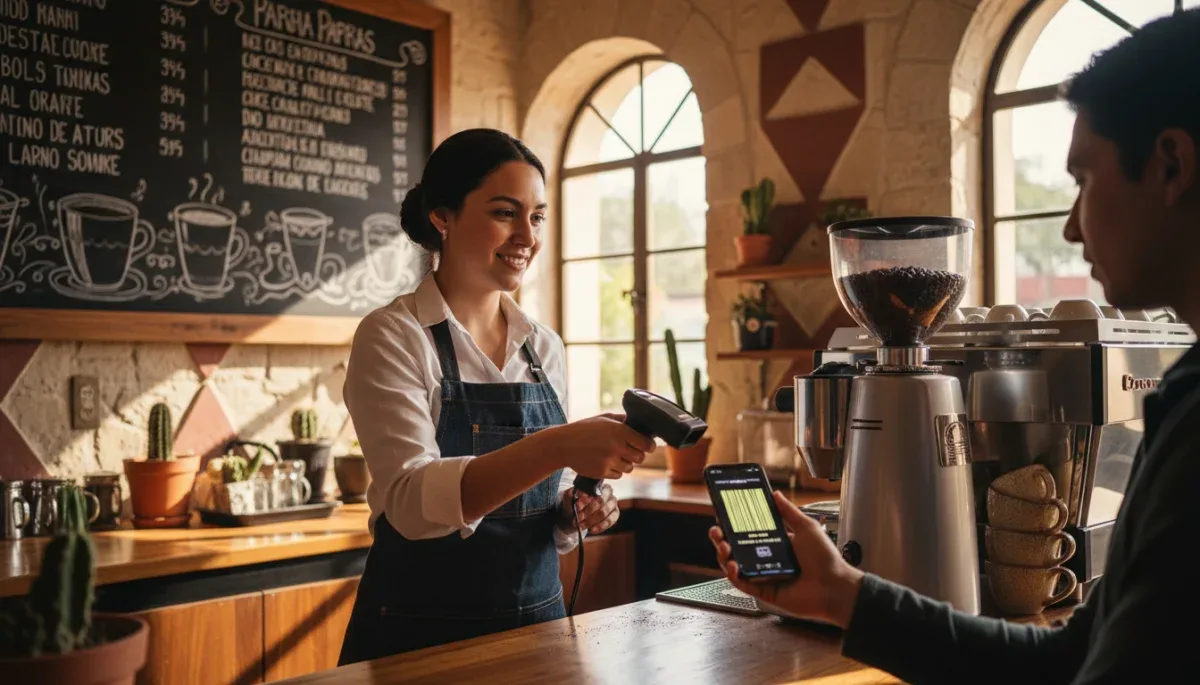 Escaner de código de la app Starbucks Rewards en el mostrador de una sucursal en México.