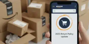 Mujer examinando cambios en la política de devoluciones de Amazon para 2025 en su móvil.