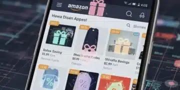 Mujer joven sonriendo mientras revisa ofertas de cupones en su teléfono, con el logo de Amazon difuminado al fondo.