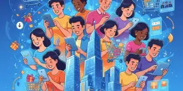 Gente entusiasmada aprovechando las ofertas de Amazon Prime Day 2025 con dispositivos electrónicos y símbolos de compra.