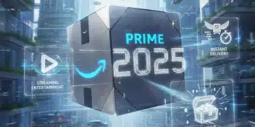Caja de Amazon Prime con elementos digitales y el año 2025, simbolizando los cambios futuros en los servicios y beneficios.