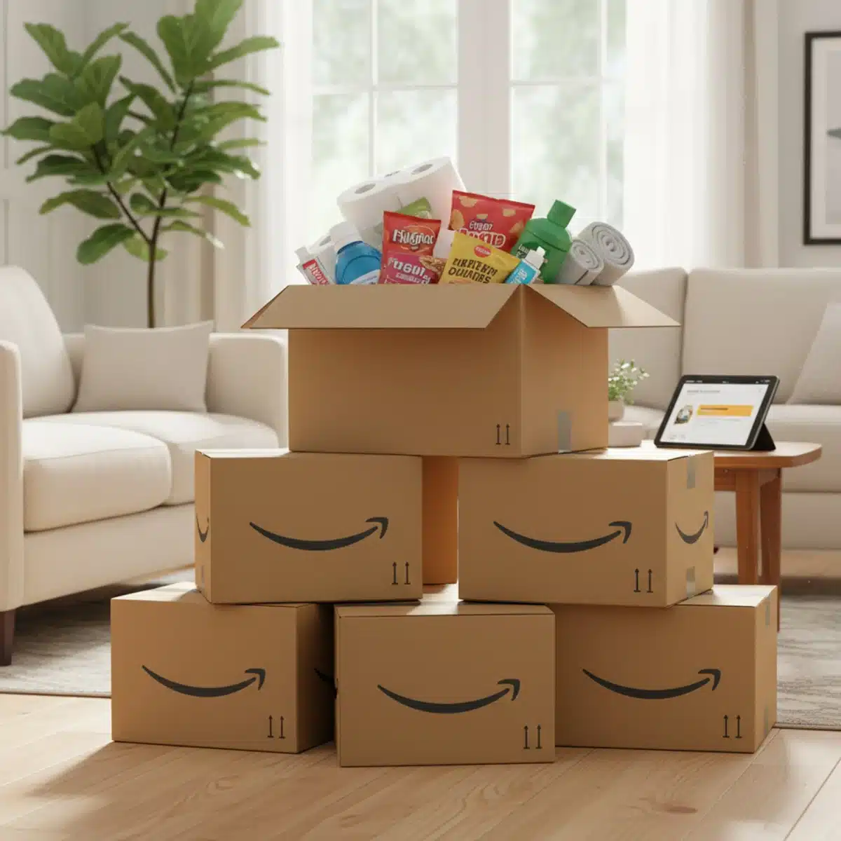 Cajas de Amazon con productos esenciales entregados a domicilio, simbolizando la comodidad de Subscribe & Save.