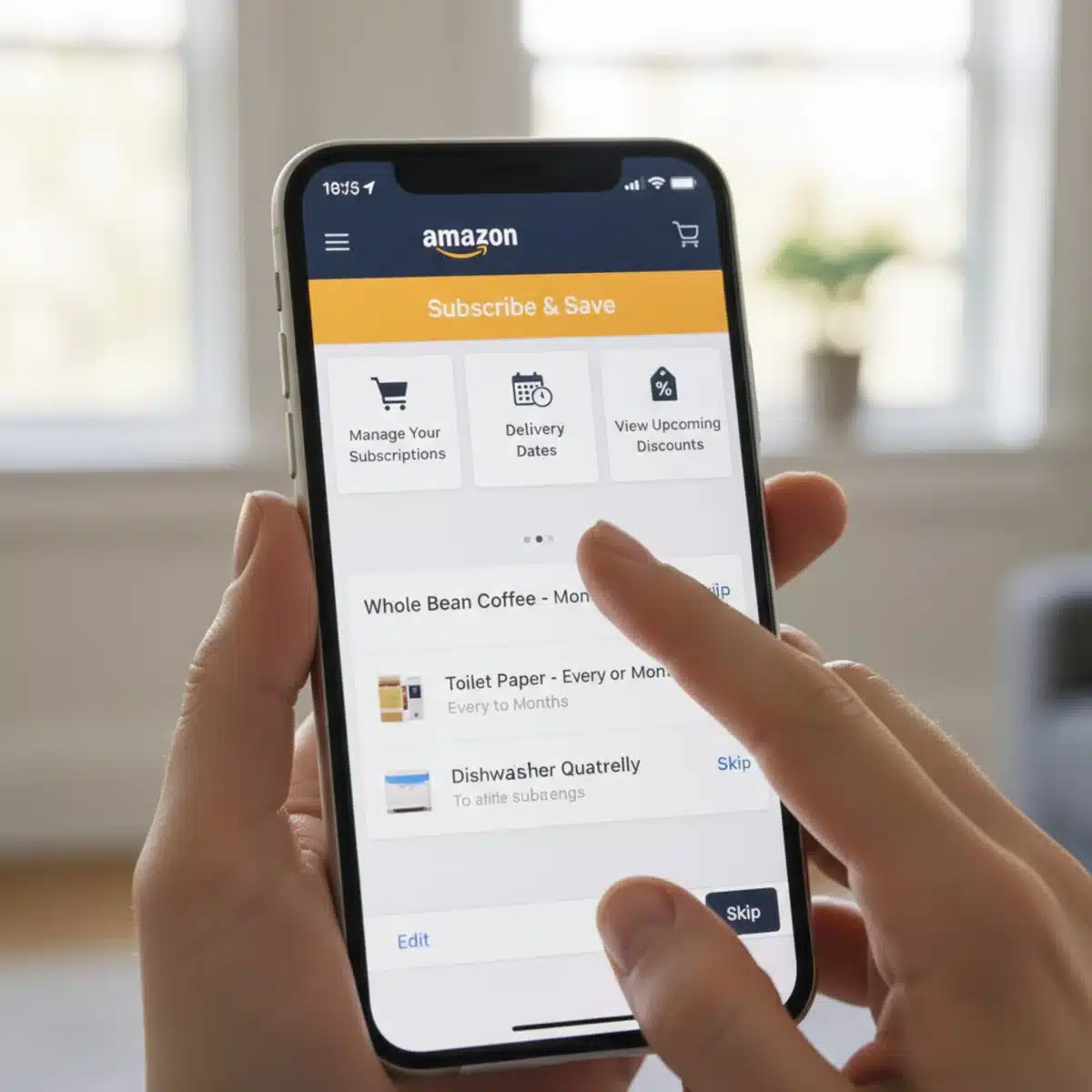 Interfaz de usuario de Amazon Subscribe & Save en un dispositivo móvil, mostrando la gestión de suscripciones.