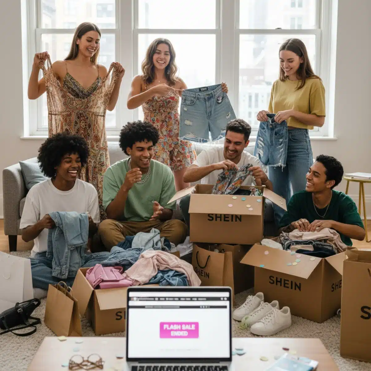 Grupo de amigos desempacando entusiasmados paquetes de SHEIN con ropa de moda.